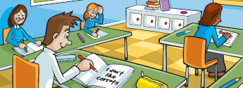 Children learning English in a classroom